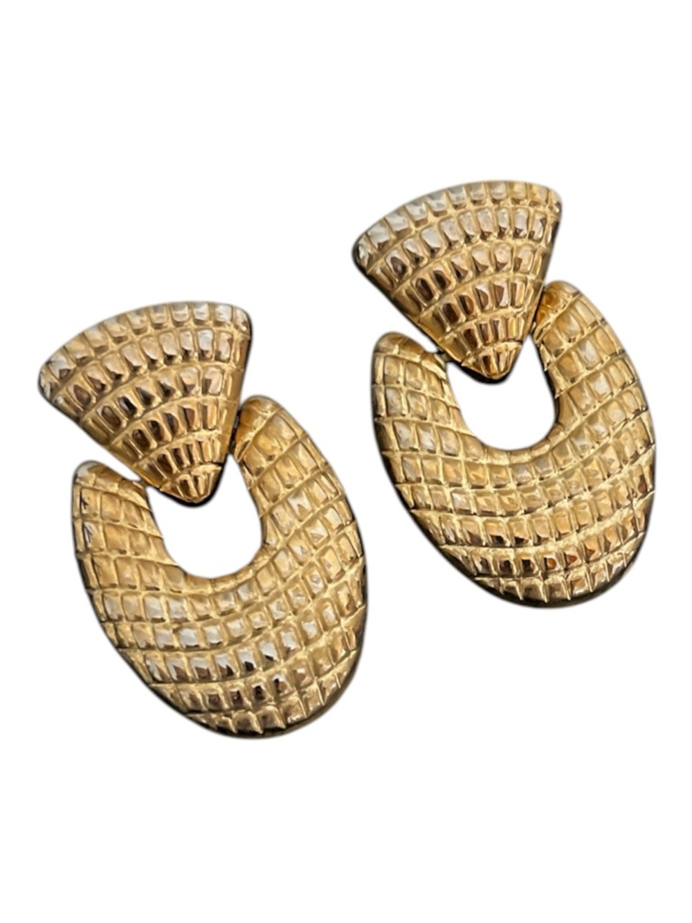 Vintage Gold Textured Hoop-Drop Earrings - Gold Super Lightweight
